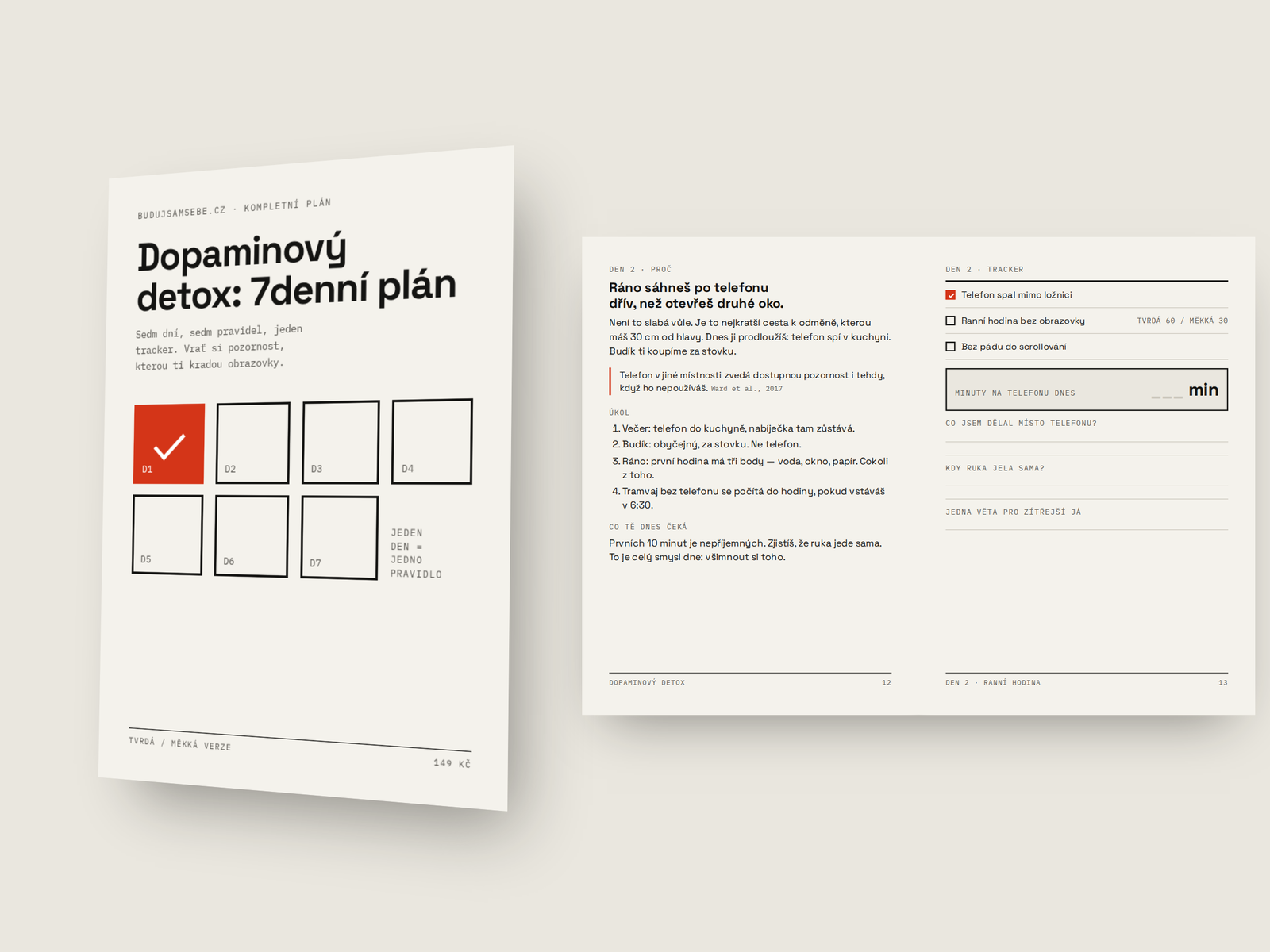 Obálka ebooku a otevřená dvoustrana Den 2 — vlevo plán dne, vpravo tracker